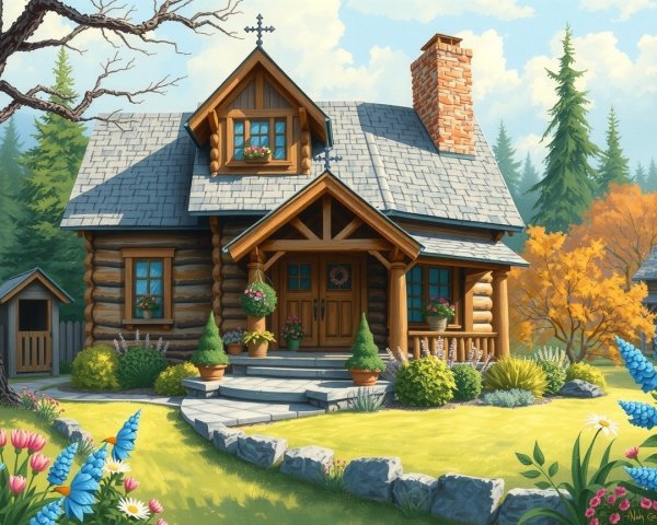 Log Cabin Surrounded by Lush Greenery and Flowers