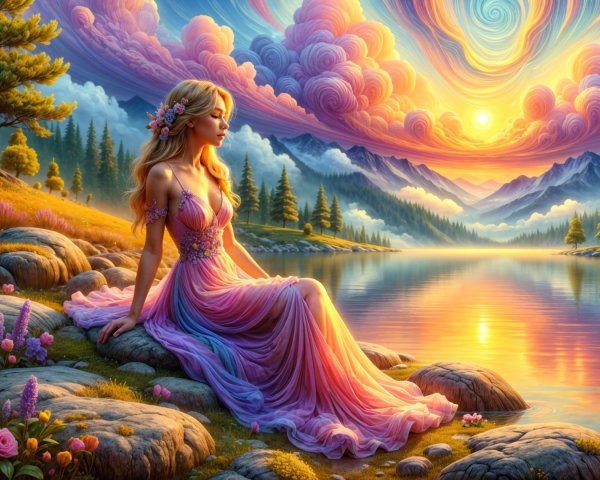 Woman in Pink Gown by Tranquil Lake at Sunset