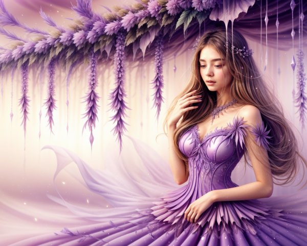 Young Woman in Lavender Gown Surrounded by Wisteria