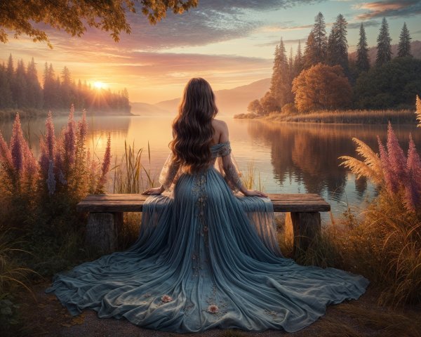 Serene Sunset Landscape with Woman by Tranquil Lake