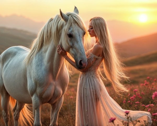 Sunset Landscape with Woman and White Horse