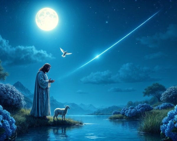 Serene Nighttime Scene by Tranquil Lake with Moon
