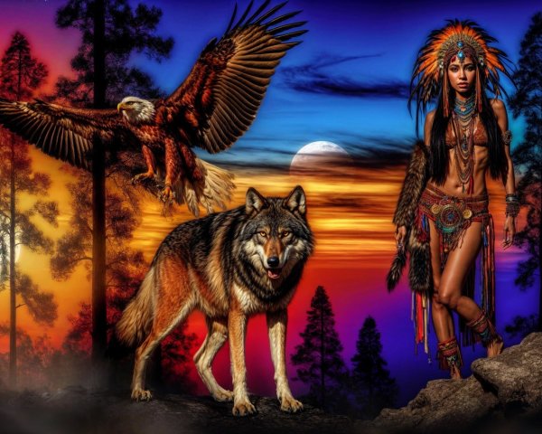 Native American Woman with Wolf in Dusk Landscape