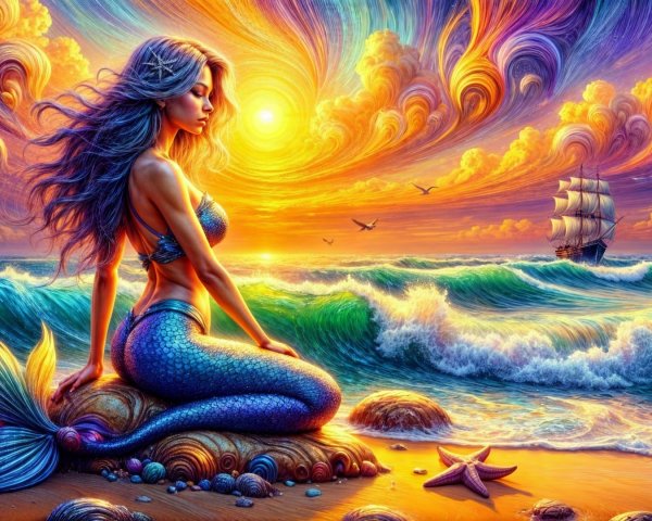 Mermaid on Shell by Shore with Sunset and Ship