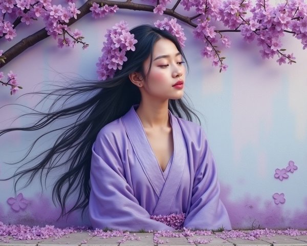 Young Woman in Lavender Kimono Under Cherry Blossoms