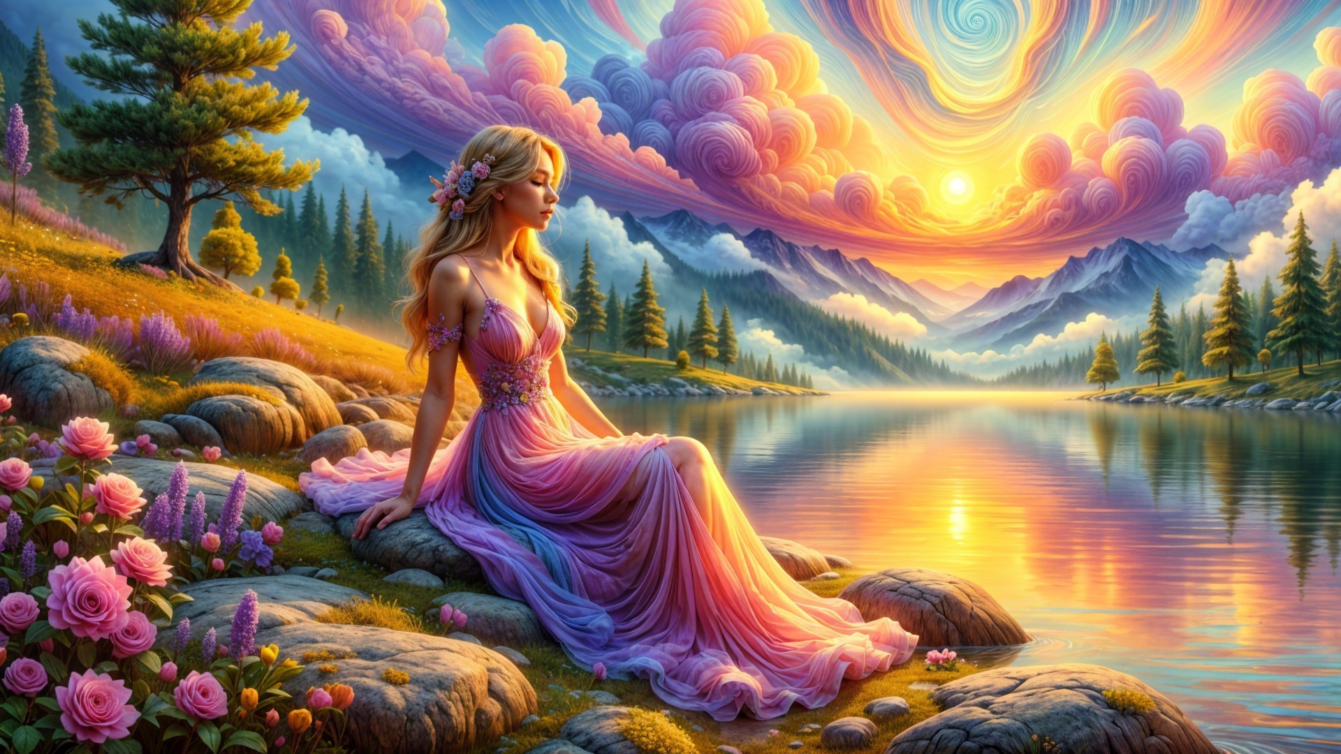 Woman in Pink Gown by Tranquil Lake at Sunset