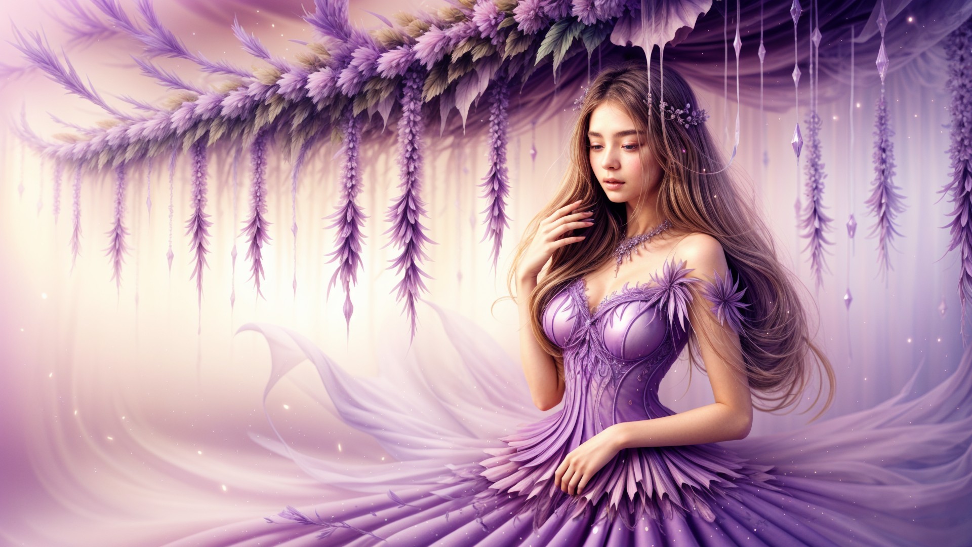 Young Woman in Lavender Gown Surrounded by Wisteria
