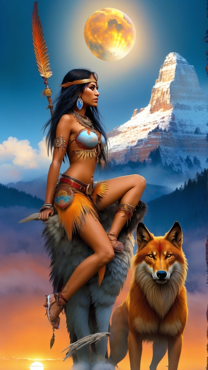 Native American Woman in Traditional Attire on Cliff