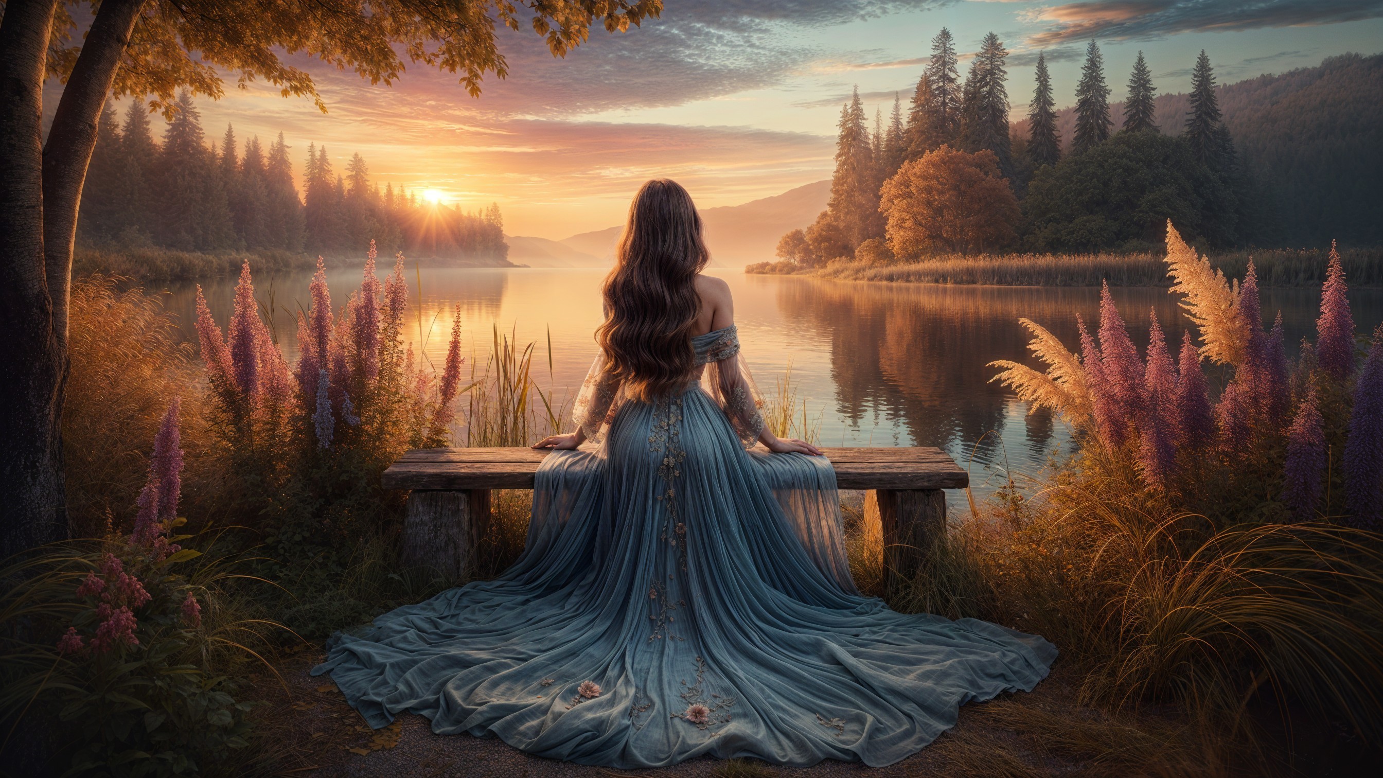 Serene Sunset Landscape with Woman by Tranquil Lake