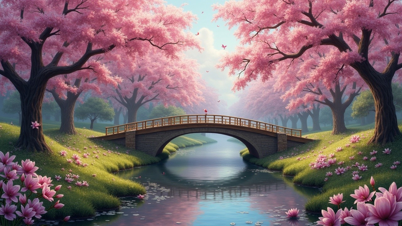 Serene Landscape with Cherry Blossoms and Bridge