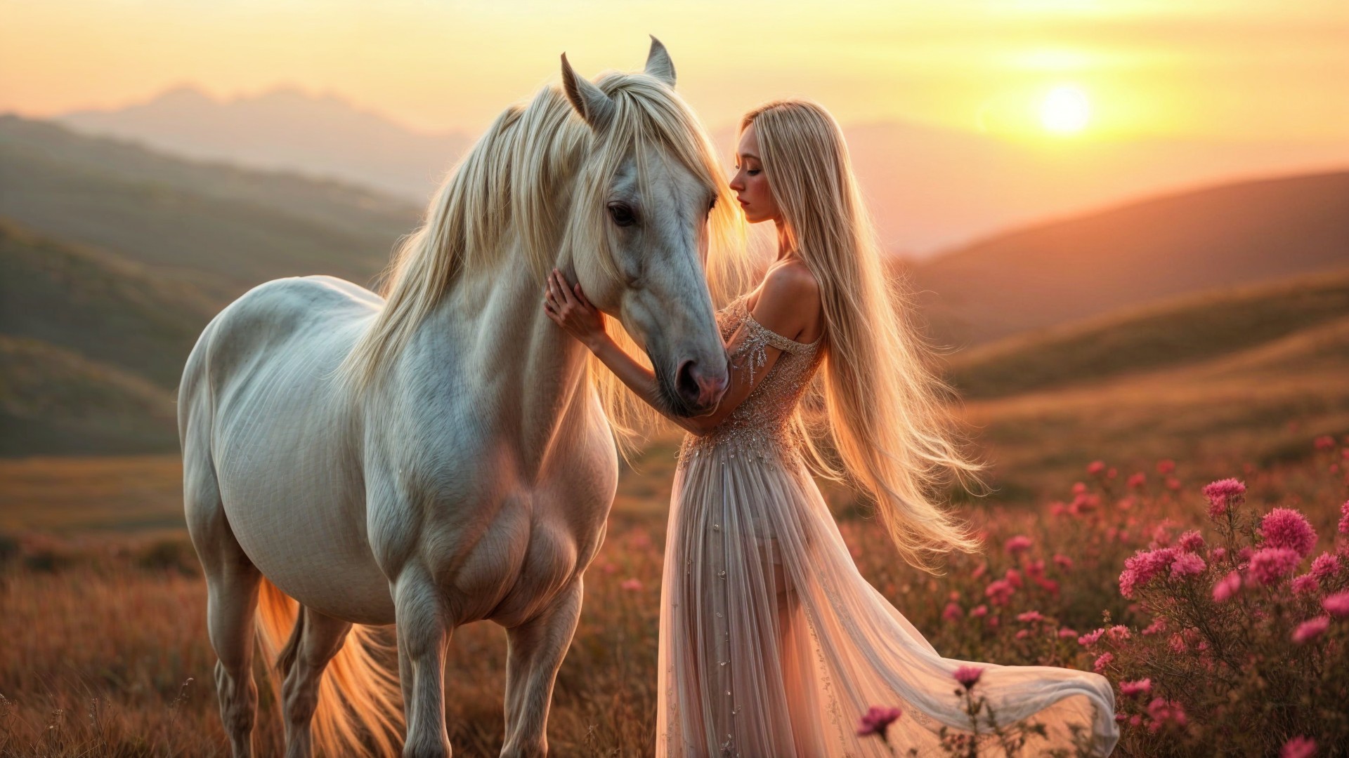 Sunset Landscape with Woman and White Horse