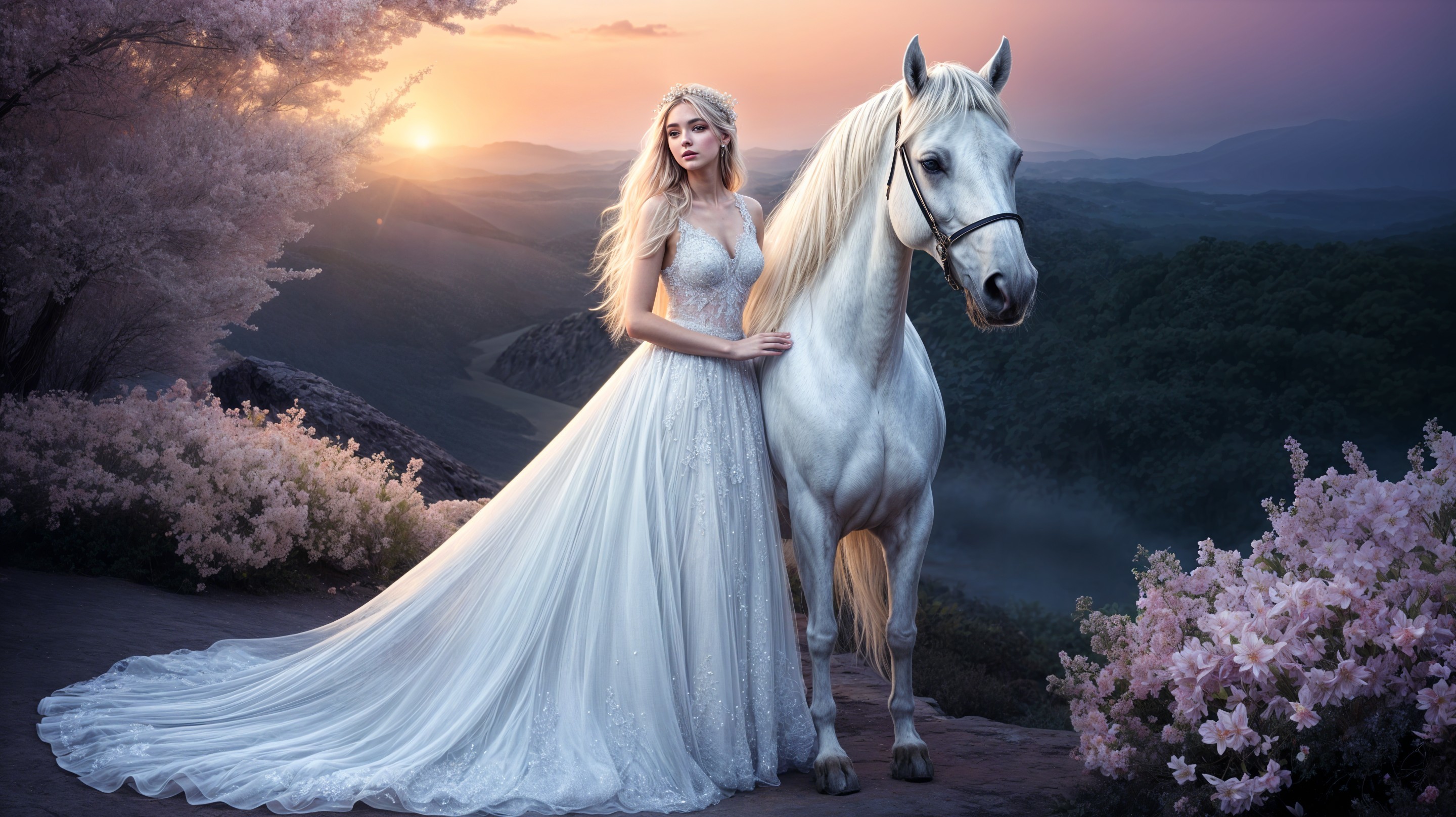 Dusk Scene with Woman, Horse, and Blooming Flowers