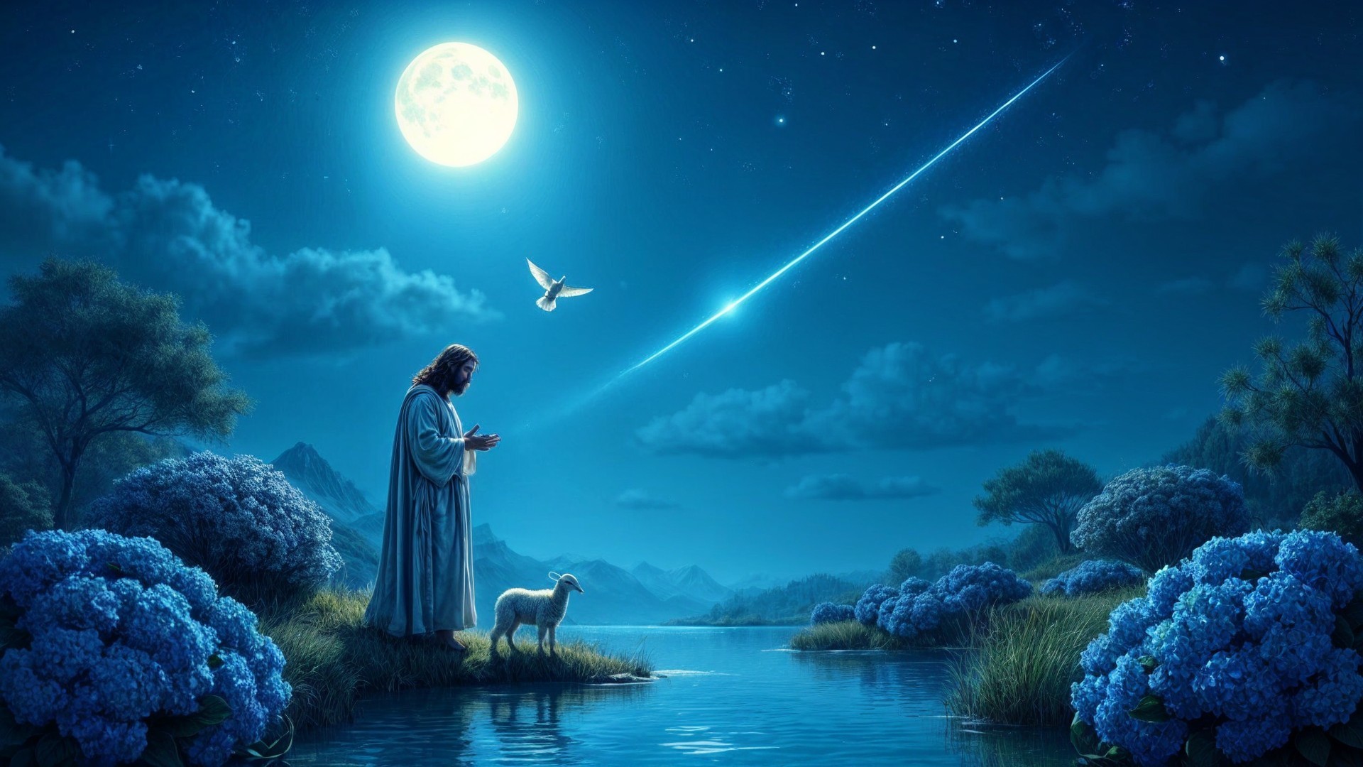 Serene Nighttime Scene by Tranquil Lake with Moon