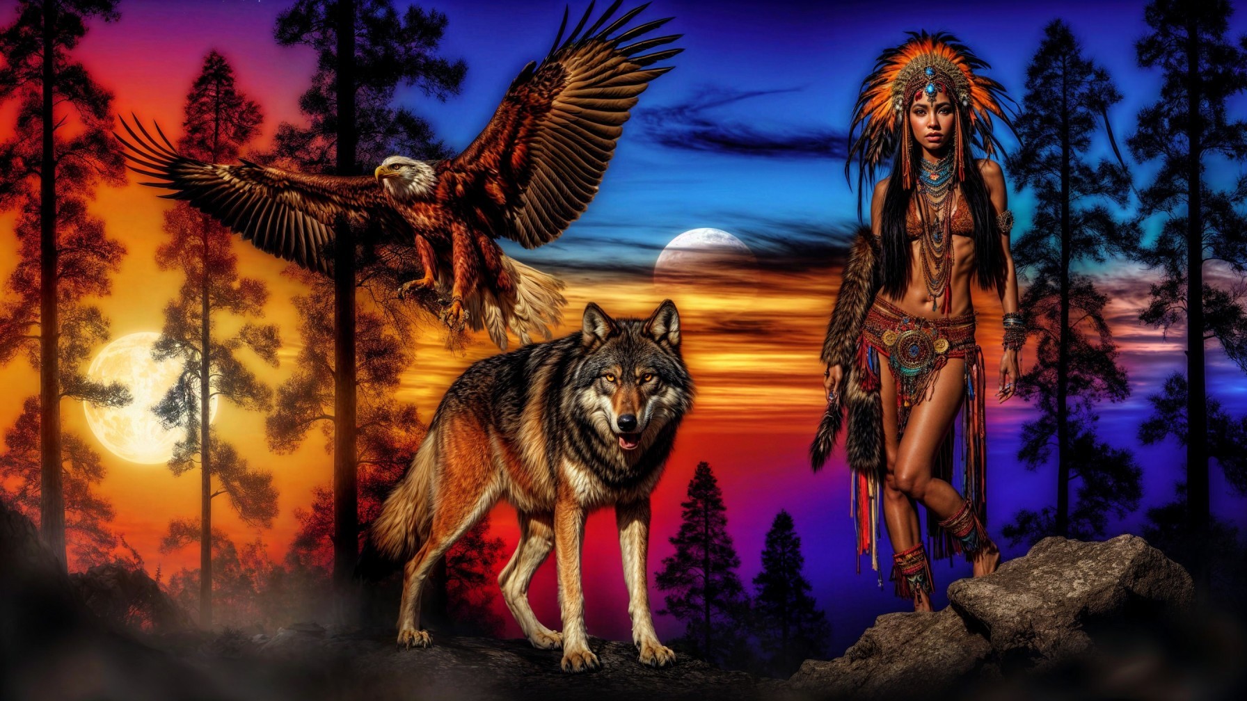 Native American Woman with Wolf in Dusk Landscape