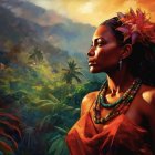 Young woman in orange dress among tropical foliage