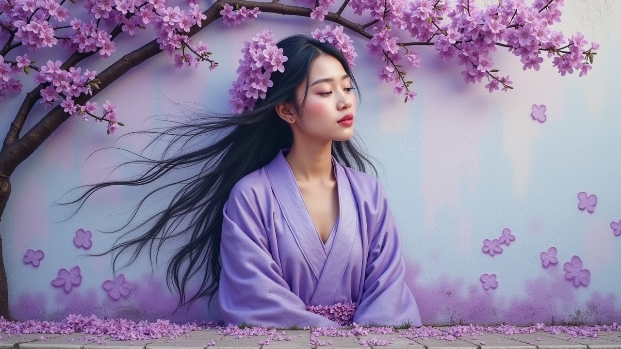 Young Woman in Lavender Kimono Under Cherry Blossoms