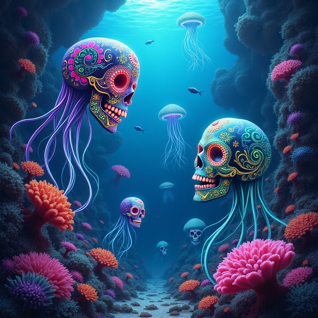 Colorful Jellyfish and Coral in Underwater Scene