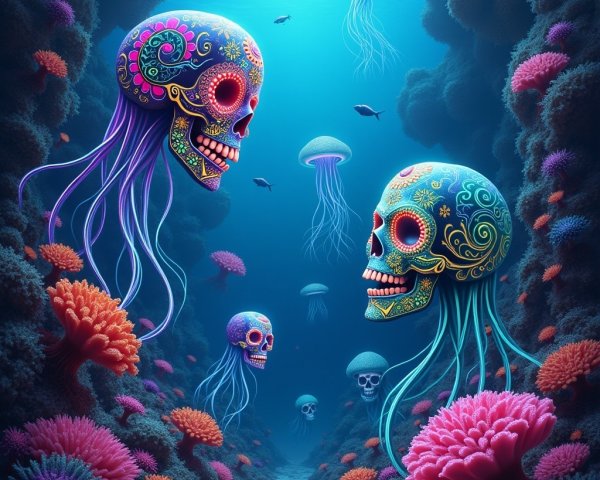 Colorful Jellyfish and Coral in Underwater Scene
