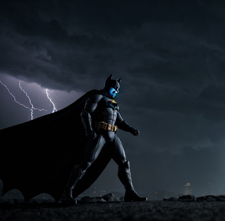 Superhero in Dark Costume Against Stormy Sky