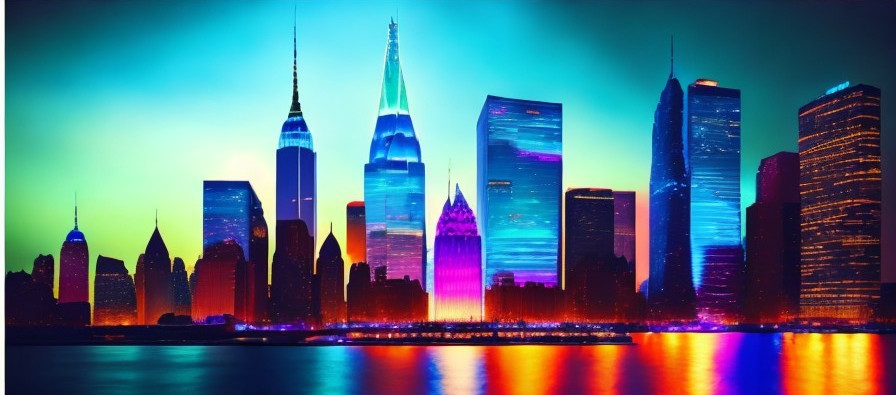 Vibrant City Skyline at Night with Colorful Skyscrapers