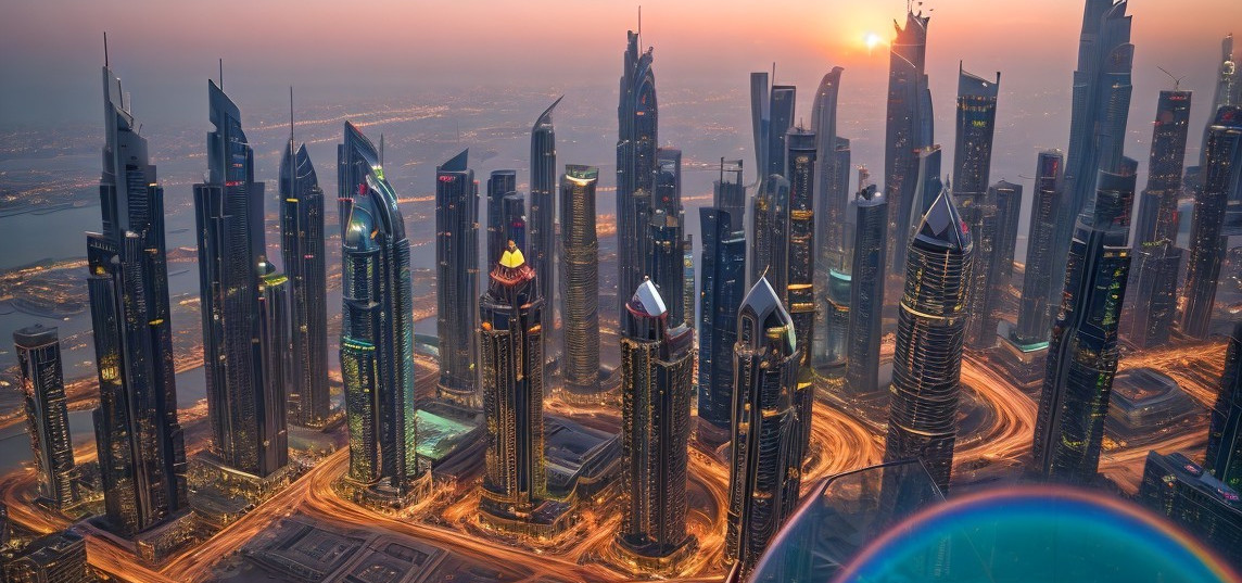 Aerial View of Vibrant City Skyline at Dusk
