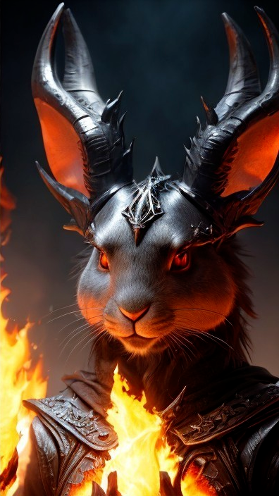 Fierce Rabbit Character in Armor with Flames Background