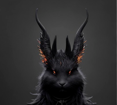 Mystical Dark-Furred Rabbit with Curved Horns