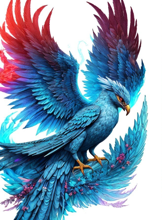 Majestic mythical bird with blue and red feathers