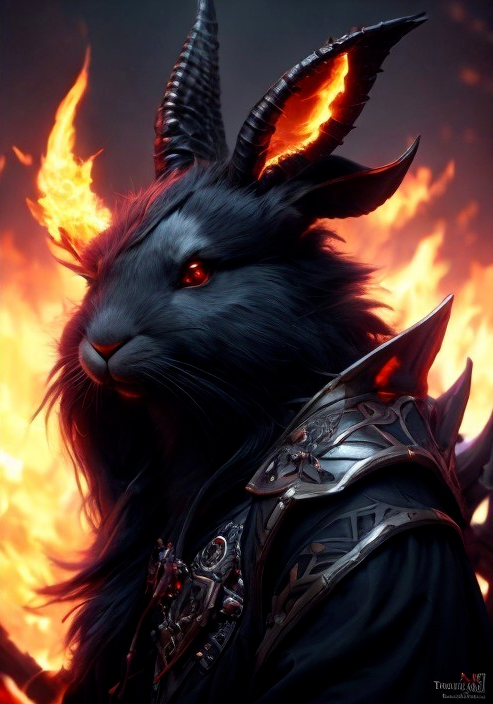 Mythical Black Rabbit Creature with Horns and Flames