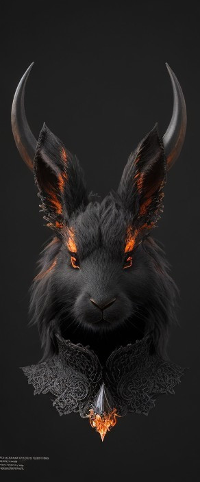 Fantastical Black Rabbit with Curved Horns and Flames