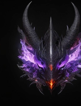 Dragon-like mask with curved horns and purple flames
