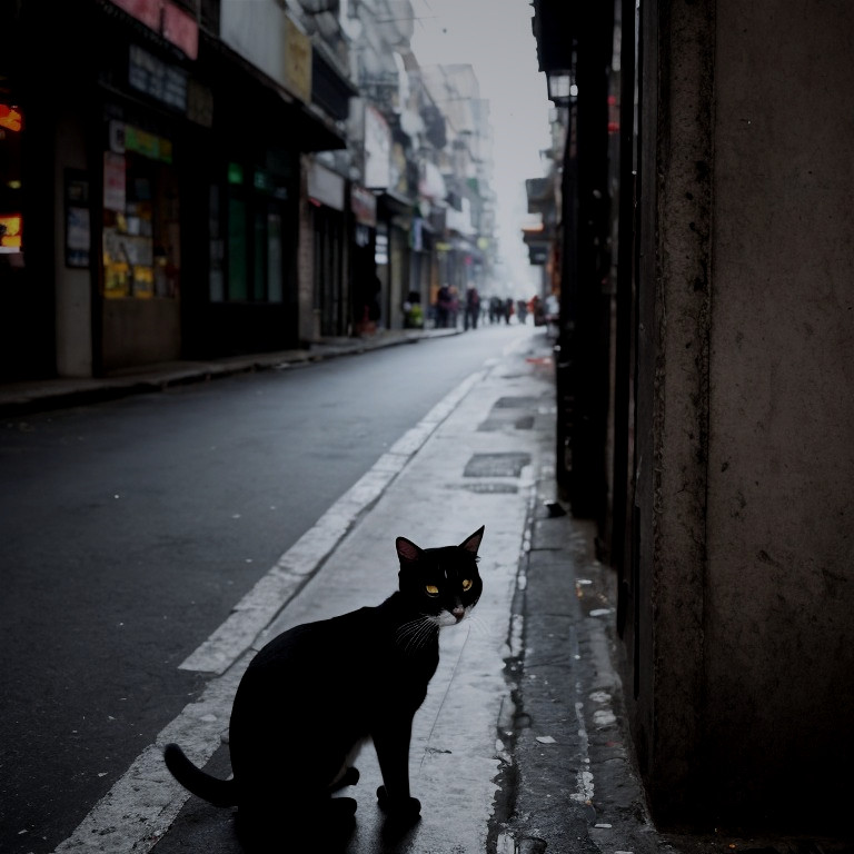 Black Cat on Wet Cobblestone Alley at Night