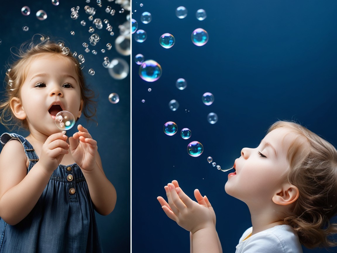 Child Playing with Bubbles Against Blue Background