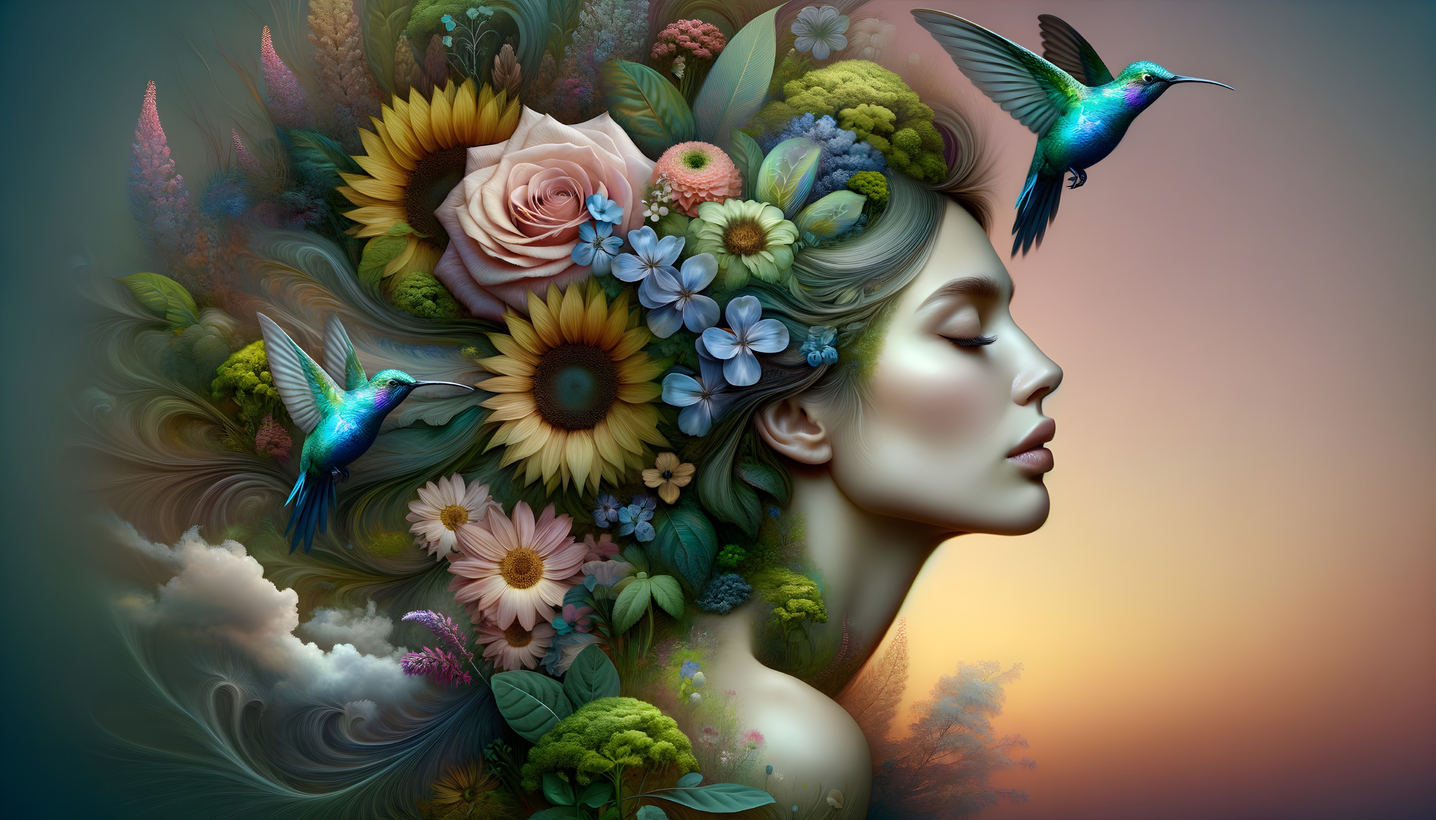 Profile of a Woman Surrounded by Vibrant Floral Elements