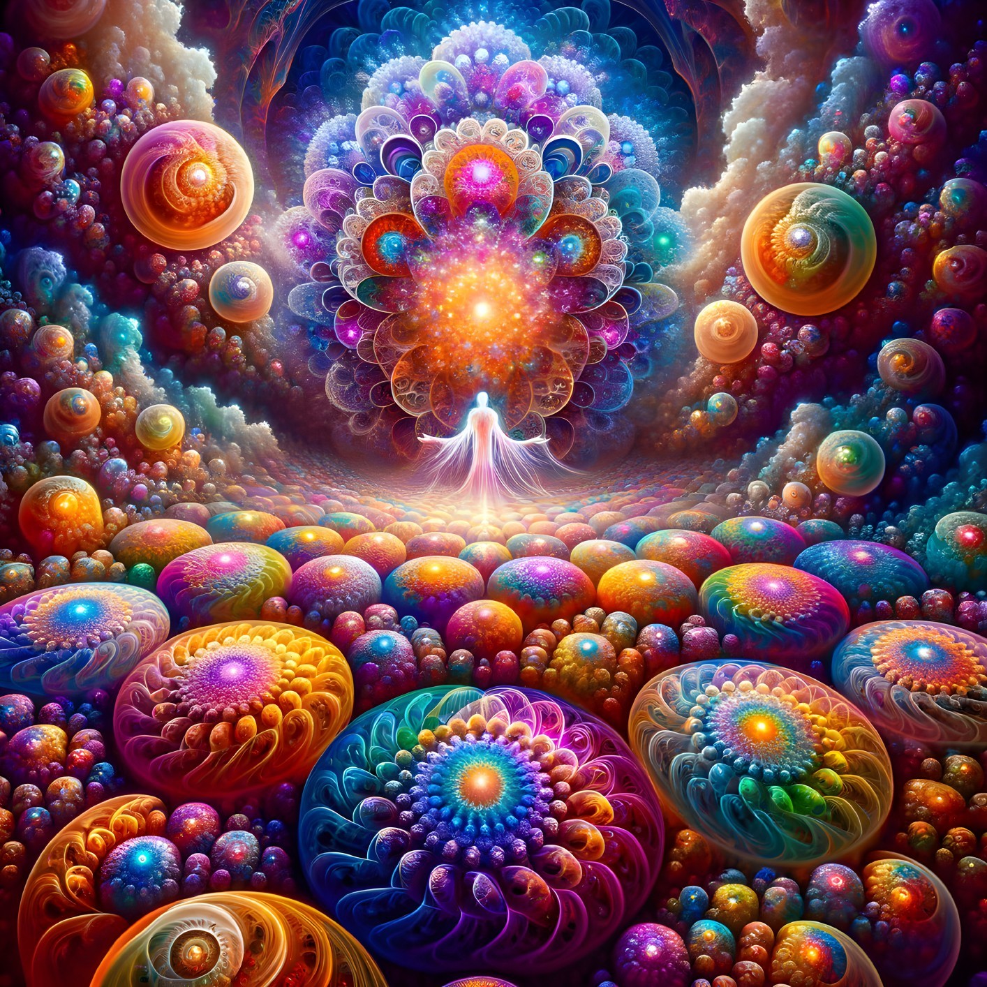Surreal Landscape with Radiant Figure and Cosmic Colors