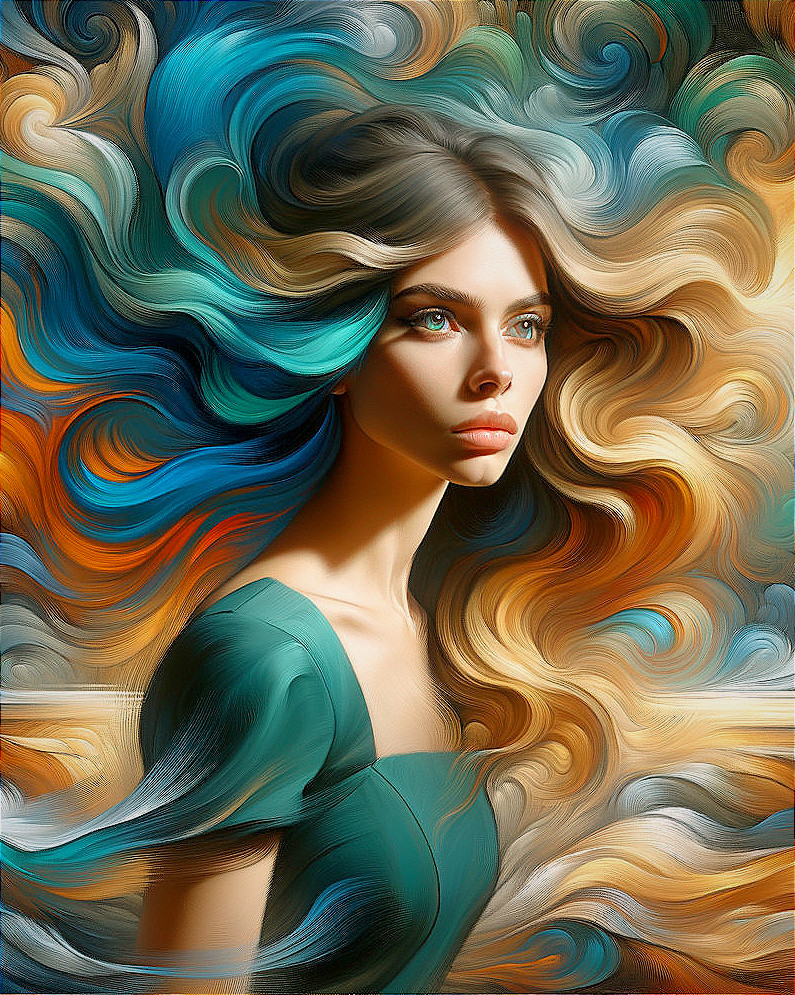 Portrait of a woman with vibrant, flowing hair and dress