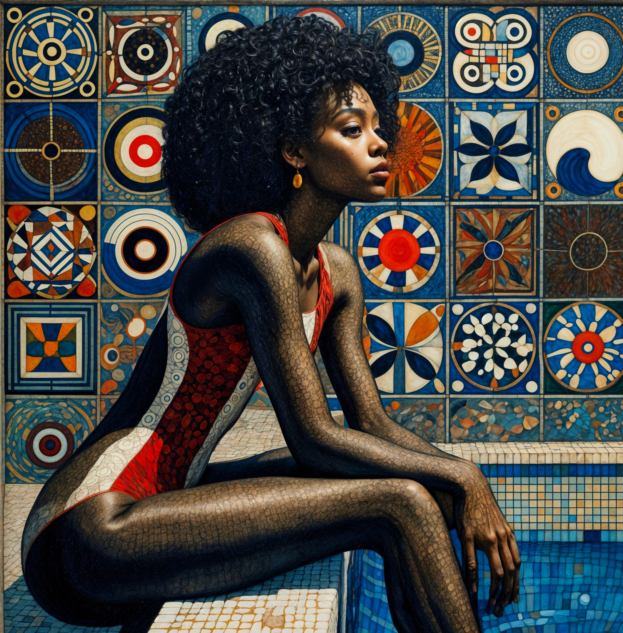 Elegant Woman with Afro by Pool in Colorful Setting