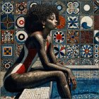 Elegant Woman with Afro by Pool in Colorful Setting