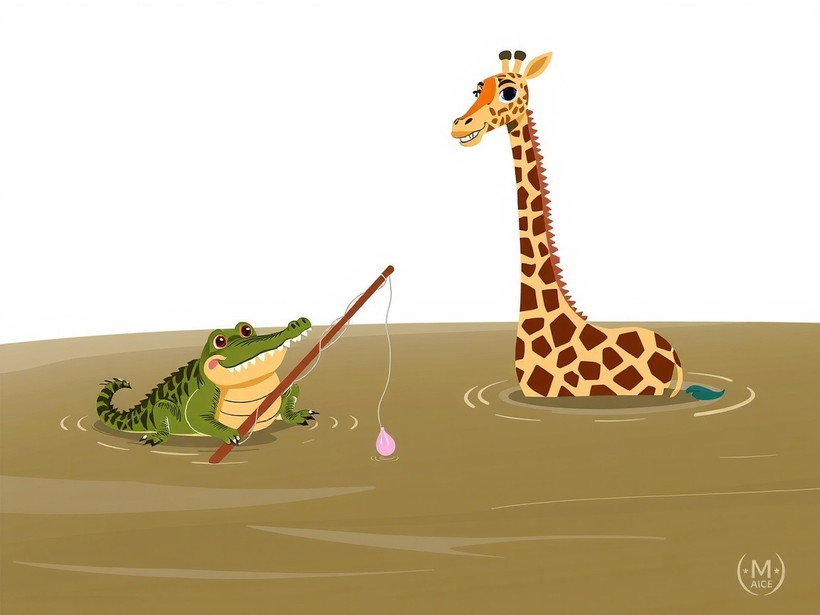 Crocodile and Giraffe in a Whimsical Fishing Scene