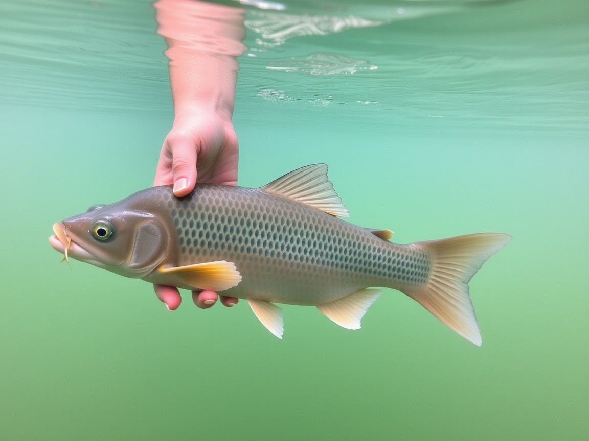 Person Holding Large Fish Underwater in Green Water