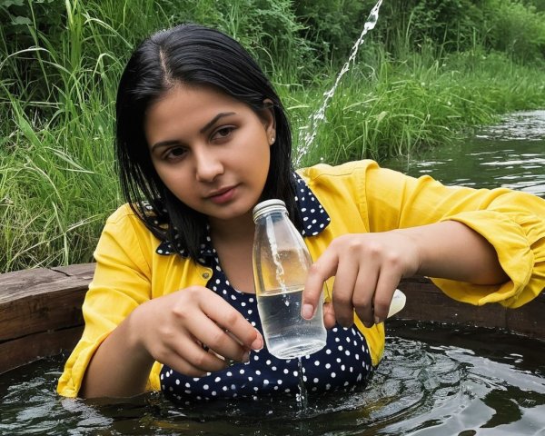 Young woman in yellow jacket pours water in nature