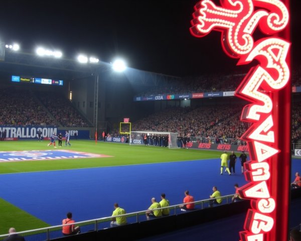 Vibrant Night Soccer Stadium with Cheering Fans