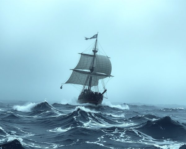 Sailing Ship Navigating Stormy Dark Blue Waves