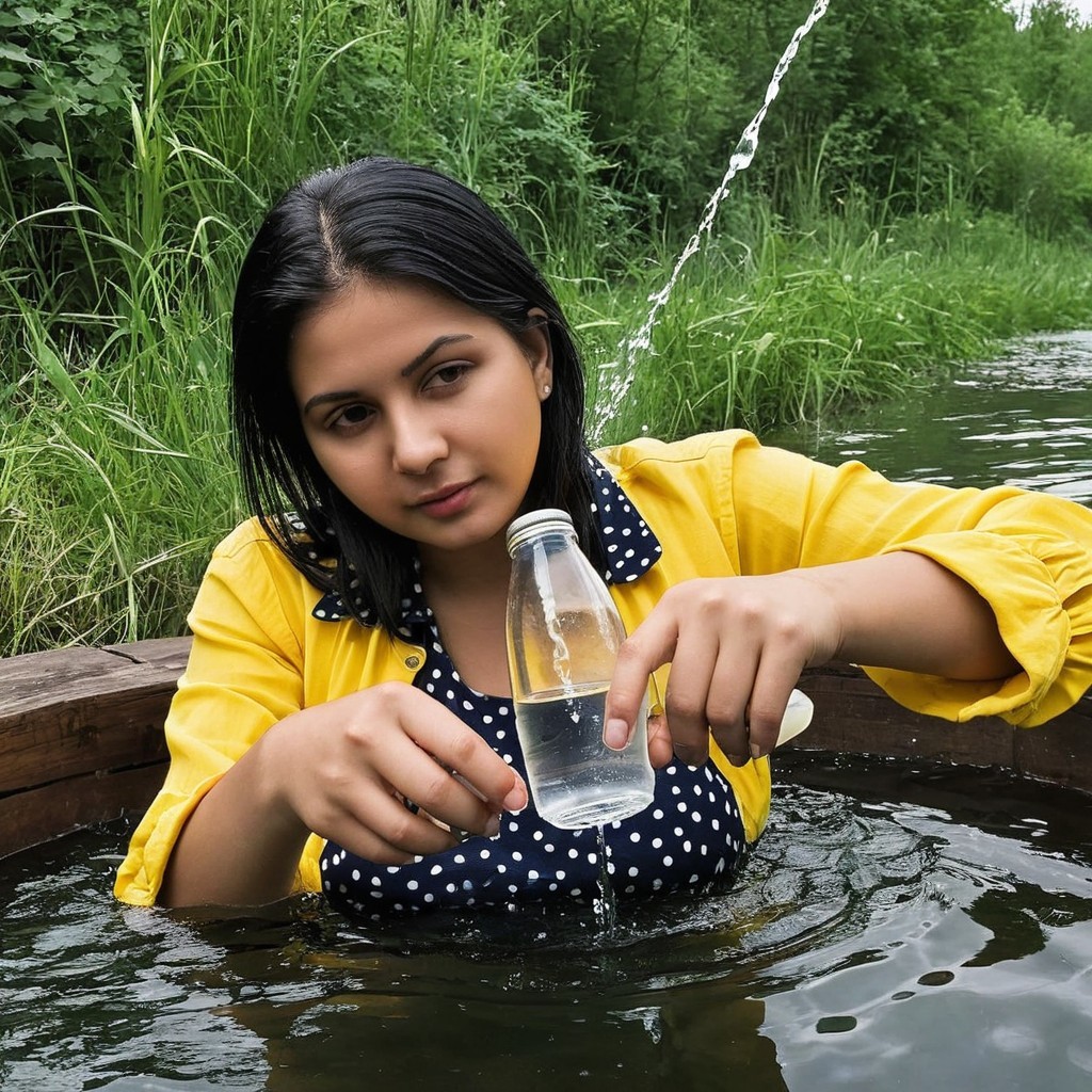 Young woman in yellow jacket pours water in nature