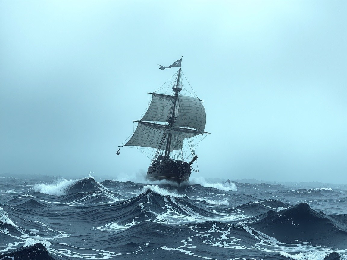 Sailing Ship Navigating Stormy Dark Blue Waves