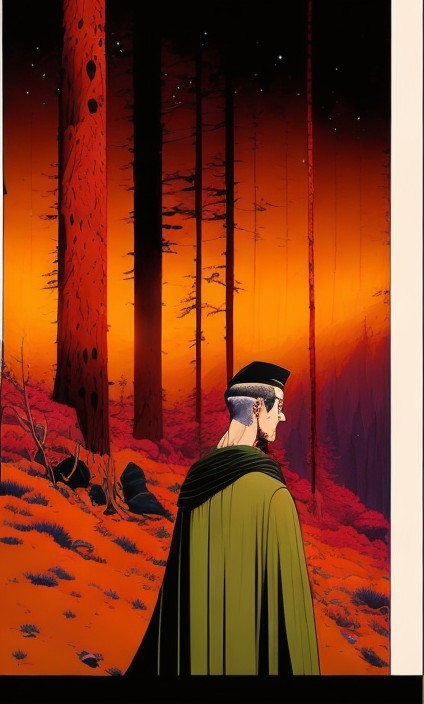 Surreal Forest Scene with a Thoughtful Figure