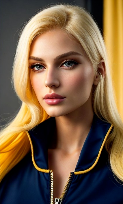 Young woman with blonde hair in navy jacket portrait