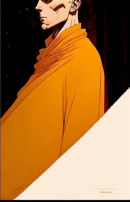Stylized Figure in Orange Robe Against Dark Background