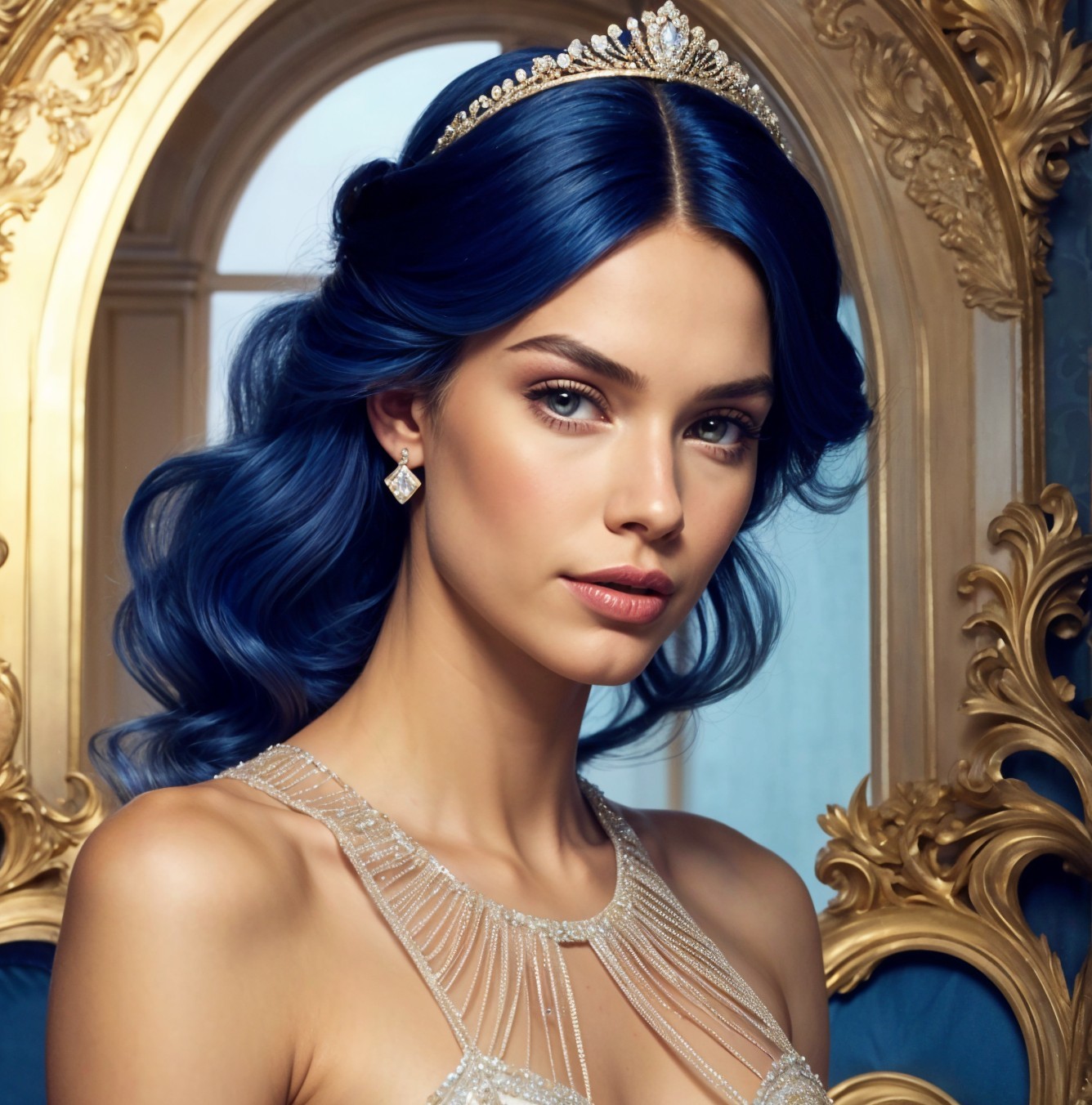 Portrait of a Young Woman with Blue Hair and Tiara