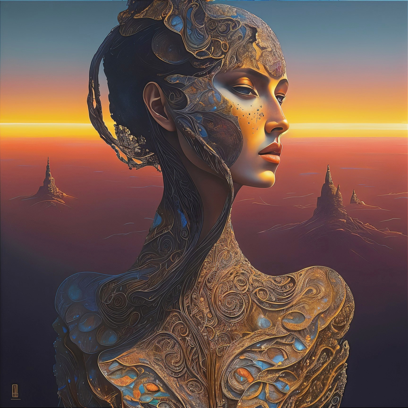 Futuristic figure in a surreal landscape with nature and tech